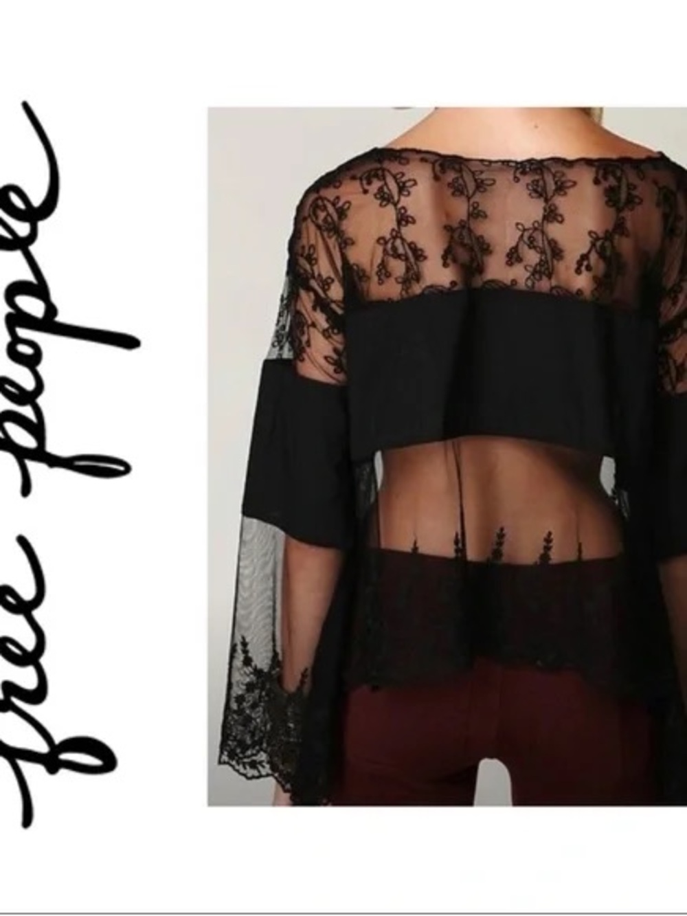 Free People Mesh Floral Embroidered Black Blouse - Size Small